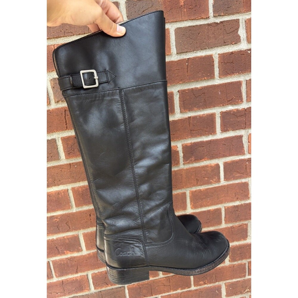 Coach Joele A7088 Black Leather Knee High Riding Boots Buckle Round Toe US 6.5 B